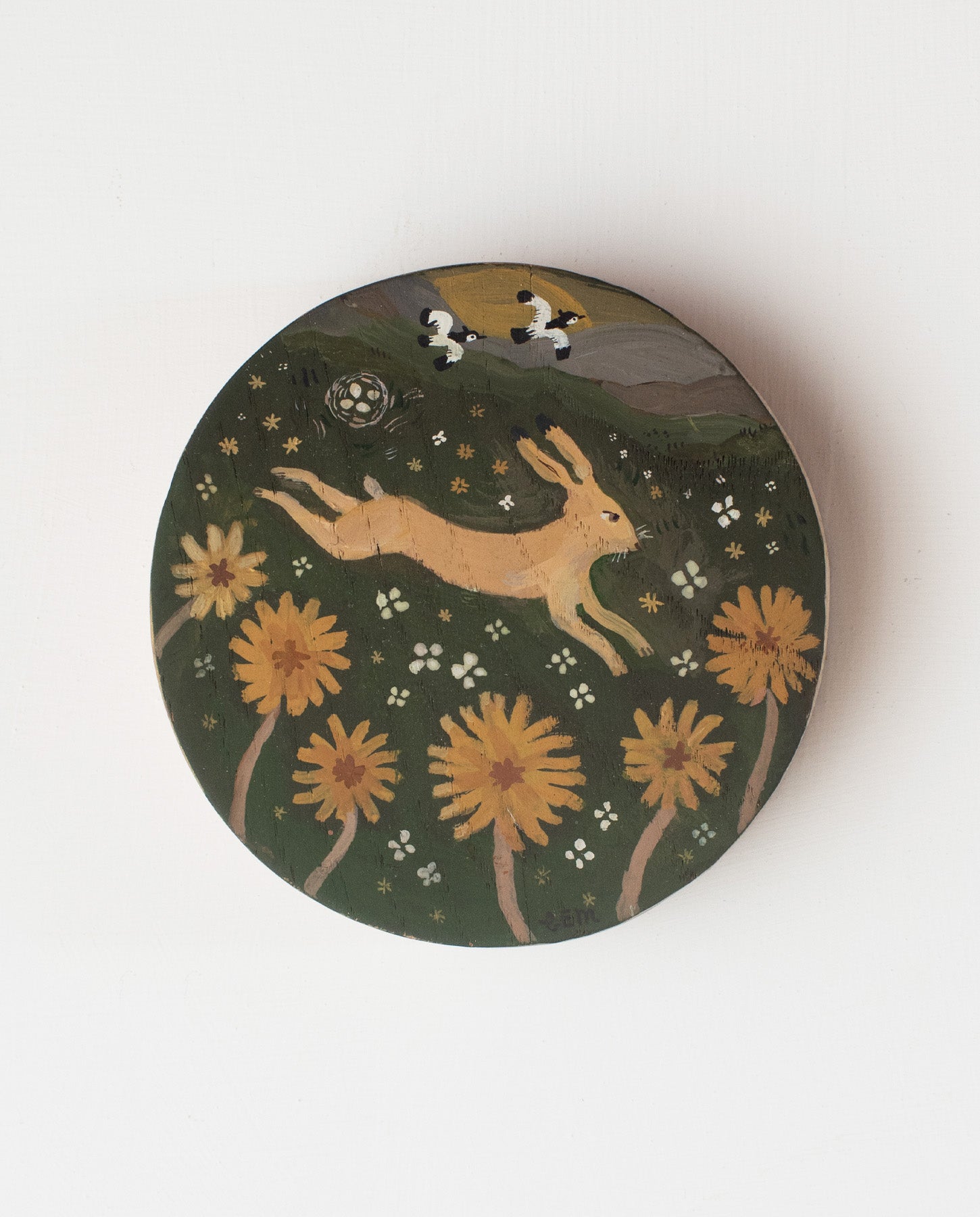 Hare and Lapwings - original painting on wood